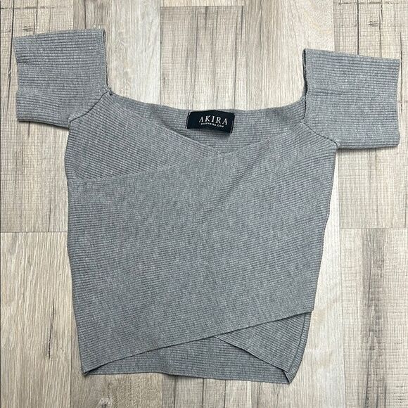 Akira Gray Ribbed Off-Shoulder Top - Picture 1 of 2